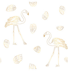 Gold Flamingos And Monstera Leaves Seamless