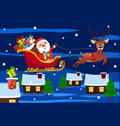 Santa Claus In A Sleigh Flies With A Deer Over