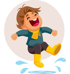 Happy Kid Jumping In Water Puddles Cartoon