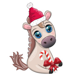 Cute Horse Pony In Santas Hat With Candy Kane