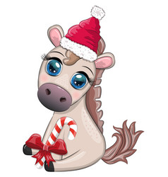 Cute Horse Pony In Santas Hat With Candy Kane