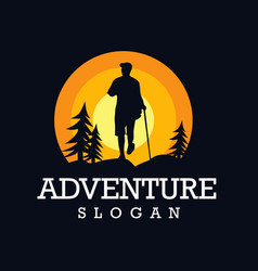 Men Hiking With Sunset Background Adventure Logo