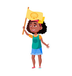 African Girl Waving Flag In Kid Camp Cartoon