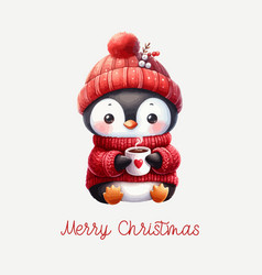 Cute Watercolor Christmas Penguin With Cup