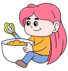 Kid Girl Is Kneading Cake Dough Doodle Icon Image