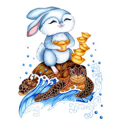 Watercolor Blue Rabbit Floats On A Turtle