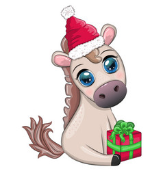 Cute Horse Pony In Santas Hat With Candy Kane