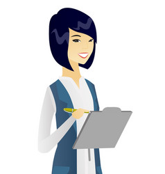 Young Asian Business Woman Writing On Clipboard