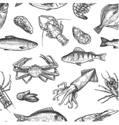 Seafood Seamless Pattern Hand Drawn Lobster Crab