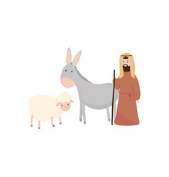 Nativity Concept Joseph With Donkey And Sheep