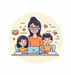 Mother And Children With Laptop In A Flat Style