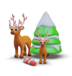 Cute Deer Near Snowy Christmas Tree Candy Cane