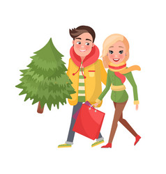 Merry Couple Returns From Shopping Christmas Tree