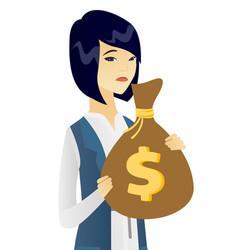 Upset Asian Business Woman With Bag Full Of Taxes