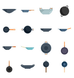 Wok Frying Pan Icons Set Flat Meat Tools