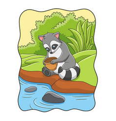 Cartoon The Raccoon Is Sitting By The River