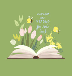 Cartoon Open Book With Spring Flowers And Bee