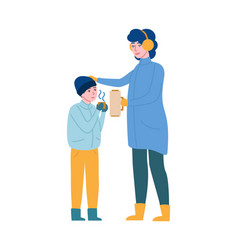 Mother Giving Frozen Child Hot Drink Kid Holding