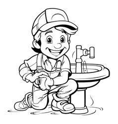 Black And White Cartoon Of Little Boy Plumber