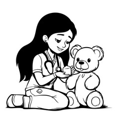 Girl Doctor With Teddy Bear - Black And White