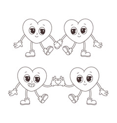 Groovy Retro Cartoon Heart Characters Outline