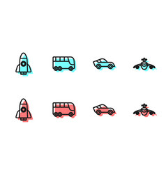 Set Line Car Rocket Ship Bus And Plane Icon