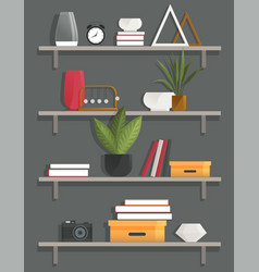 Book Shelves With Decor Items Cartoon Design