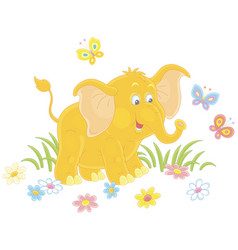 Funny Little Elephant Playing With Merry Butterfly