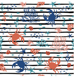 Crabs Seamless Pattern With Seaweed Fish And