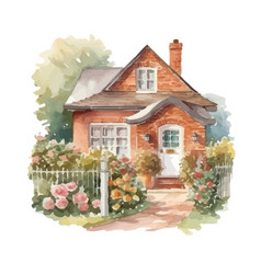 Watercolor Beautiful House With Trees And Flowers