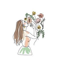 Line Stylebeautiful Woman Sniffing Flowers