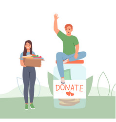 Male Sitting On Jar For Donate Lady Holding Box