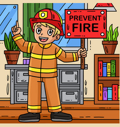 Firefighter Holding Reminder Colored Cartoon