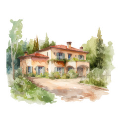 Watercolor Beautiful House With Trees And Flowers