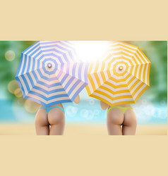 Bikini Girls Under Beach Blue And Orange Umbrella