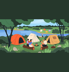 Forest Camp Scene With Tents River And Campers