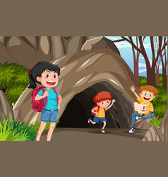 Cave In The Forest Scene With Explorer Kids