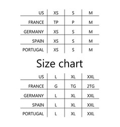 Size Table - Chart - Different Sizes