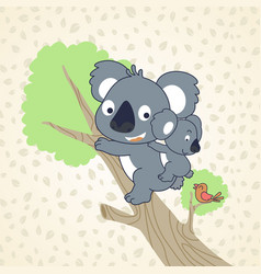 Koala Family Cartoon Climbing Tree On Leaves