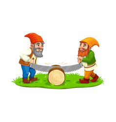 Cartoon Gnome Dwarf Characters Sawing A Log