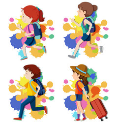 Set Of Girls And Boy With Backpack Running