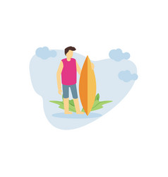 A Boy Standing With A Surf Board