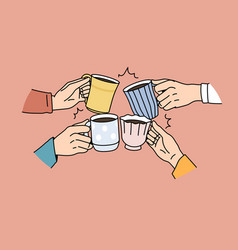 Friends Cheers With Mugs Drink Coffee Together