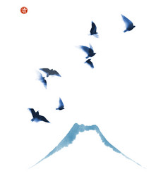 Ink Painting Of Blue Flying Birds And Fujiyama