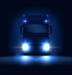 Night Big Semi Truck With Bright Headlights