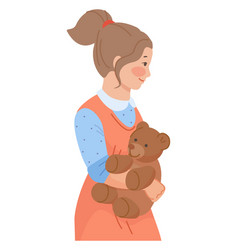 Little Girl Hold Teddy Bear Shy Kid With Soft Toy