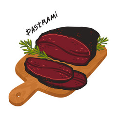 Pastrami Meat Delicatessen On A Wooden Cutting