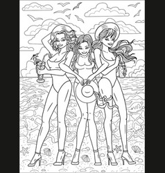 Coloring Page With Three Young Beautiful Women