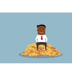 Wealthy And Happy Businessman Sitting On Gold Bars