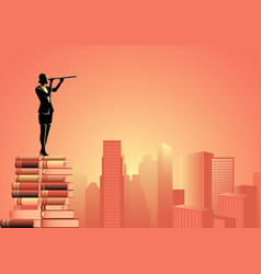 Woman Using Telescope Standing On Pile Books